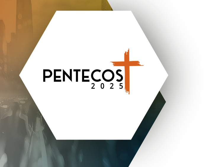 Pentecost 2025 logo featuring a hexagonal shape with an orange cross integrated into the text.