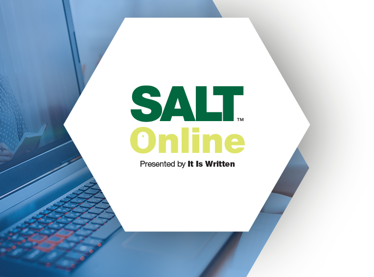 SALT Online: Presented by It Is Written logo in a hexagonal shape over an image of a laptop.