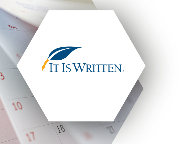 It Is Written logo in a hexagonal shape over an image of a calendar.